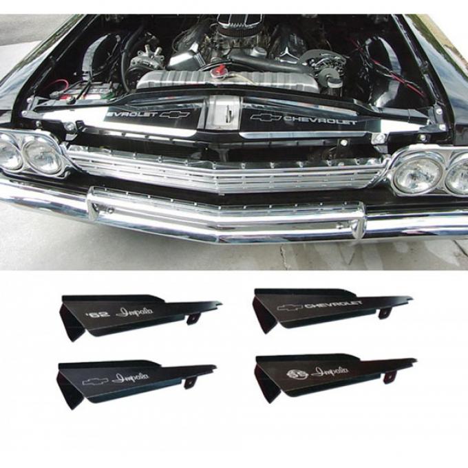Full Size Chevy Core Support Filler Panels, Clear Anodized (Silver Satin), With Logo/Design, 1962