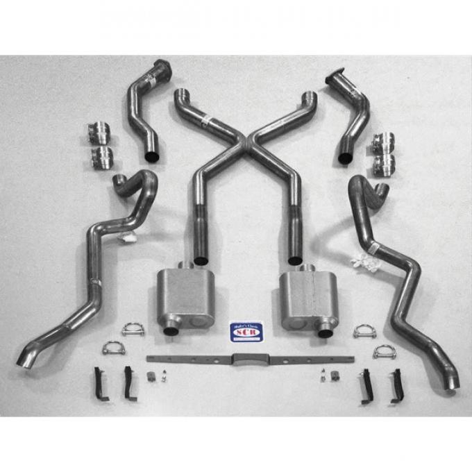 Chevy SCR "X" Quickflow Performance Dual 2-1/2" Exhaust System, With Corner Exit Tailpipes, For Use With 3/4 Length Shorty Headers, Small Block Aluminized, 1955-1957