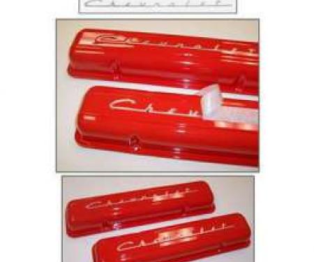 Chevy Valve Cover Decals, Silver Chevrolet Script, 265, 283ci, 1956-1957