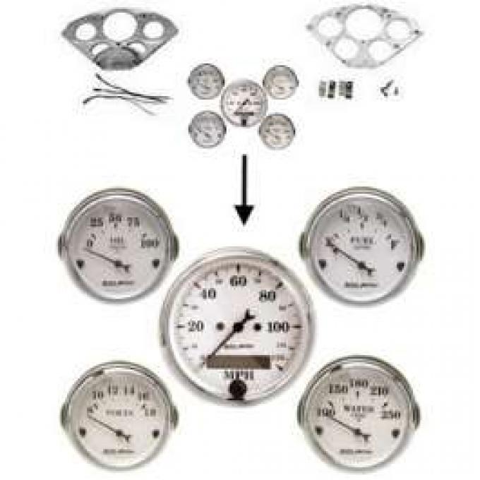 Chevy Gauge Panel Kit, Custom Aluminum, With White Gauges, Black Vintage Needles, 1955-1956