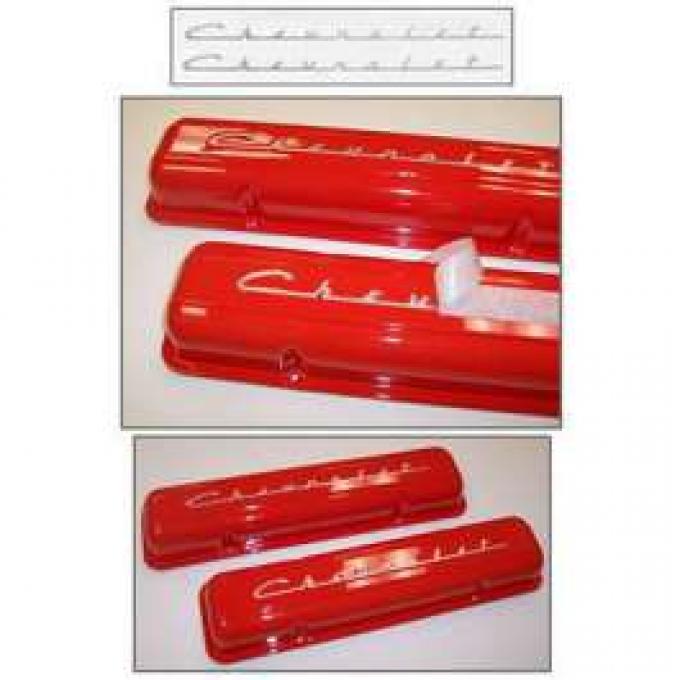 Chevy Valve Cover Decals, Silver Chevrolet Script, 265, 283ci, 1956-1957