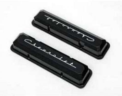 Chevy Aluminum Valve Covers, Black Powder Coated, With Chevrolet Script, Small Block, 1955-1957
