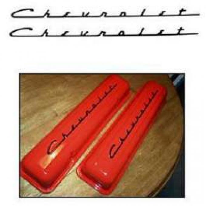 Chevy Valve Cover Decals, Black Chevrolet Script, 265ci, 1955