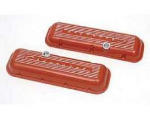 Chevy Aluminum Valve Covers, Orange Powder Coated, With Chevrolet Script, Big Block, 1955-1957