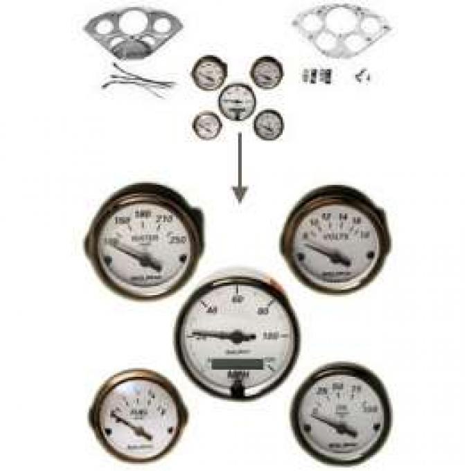 Chevy Gauge Panel Kit, Custom Aluminum, With Silver Gauges, Black Needles, 1955-1956