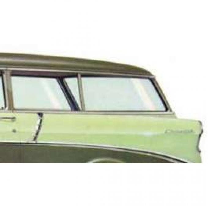 Chevy Rear Curved Quarter Glass, Left, Clear, 2-Door Wagon,1955-1957