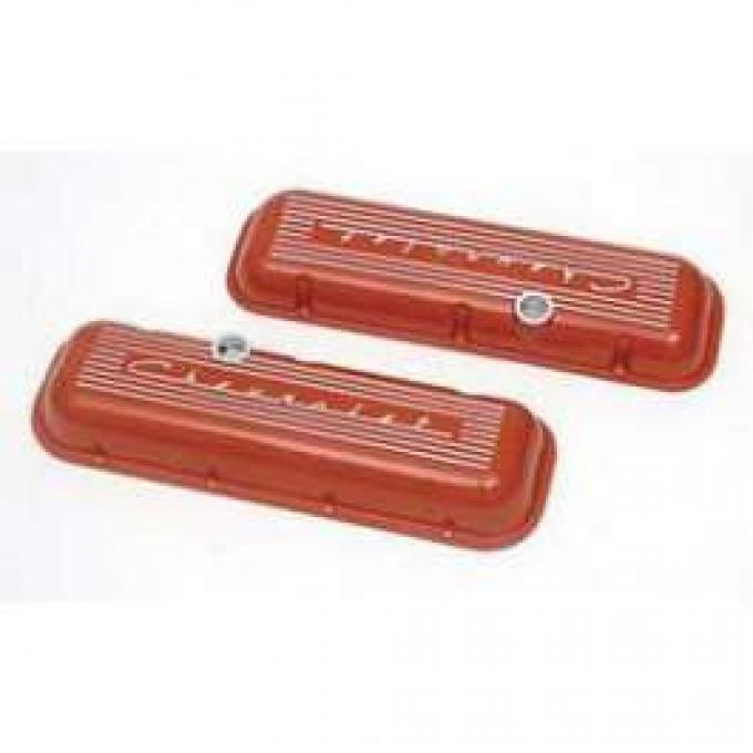 Chevy Aluminum Valve Covers, Orange Powder Coated, With Chevrolet Script, Big Block, 1955-1957