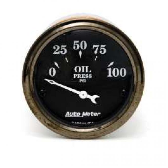 Chevy Custom Oil Pressure Gauge, Black Face, With White Vintage Needle, AutoMeter, 1955-1957