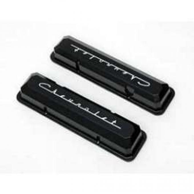 Chevy Aluminum Valve Covers, Black Powder Coated, With Chevrolet Script, Small Block, 1955-1957