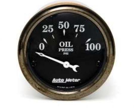 Chevy Custom Oil Pressure Gauge, Black Face, With White Vintage Needle, AutoMeter, 1955-1957