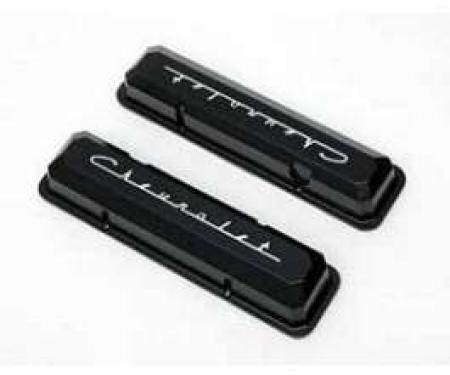 Chevy Aluminum Valve Covers, Black Powder Coated, With Chevrolet Script, Small Block, 1955-1957
