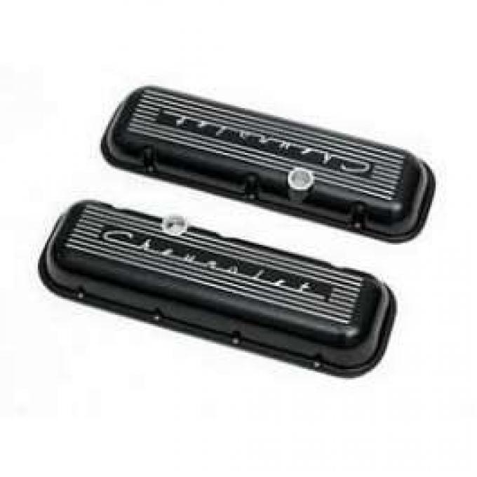 Chevy Aluminum Valve Covers, Black Powder Coated, With Chevrolet Script, Big Block, 1955-1957