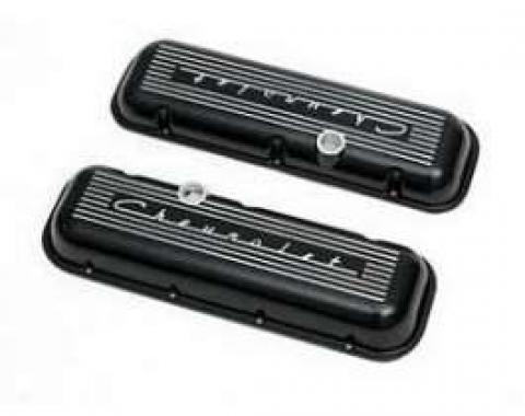 Chevy Aluminum Valve Covers, Black Powder Coated, With Chevrolet Script, Big Block, 1955-1957