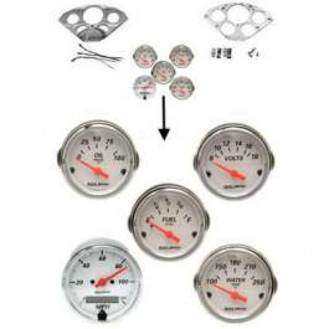 Chevy Gauge Panel Kit, Custom Aluminum, With White Gauges, Orange Needles, 1955-1956