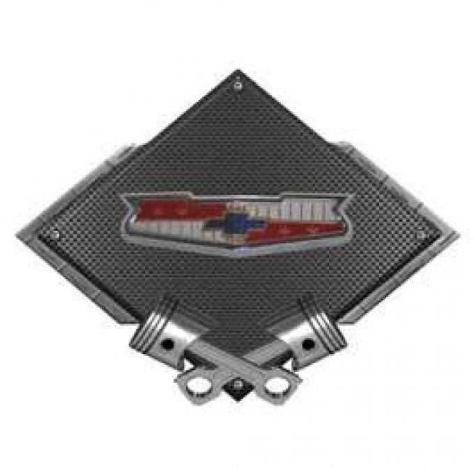 Chevy Tri-5 Emblem Metal Sign, Black Carbon Fiber, Crossed Pistons, 25 X 19