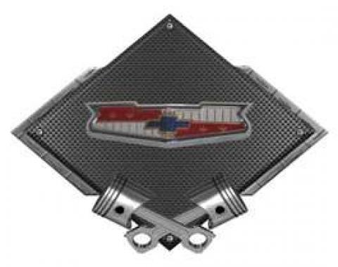 Chevy Tri-5 Emblem Metal Sign, Black Carbon Fiber, Crossed Pistons, 25 X 19