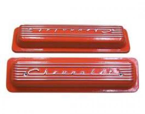 Chevy Valve Covers, Classic-Style, Aluminum, Orange, 1955-1957