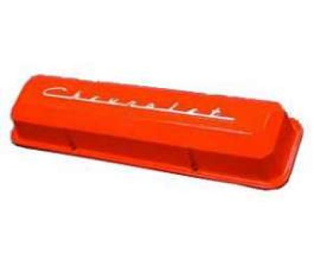 Chevy Aluminum Valve Covers, Orange Powder Coated, With Chevrolet Script, Small Block, 1955-1957
