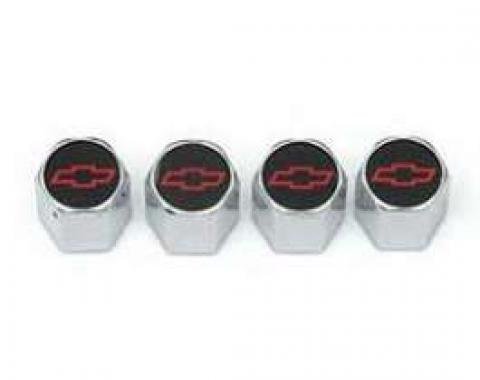 Chevy Valve Stem Caps, Non-Locking, With Red Bowtie Logos, Chrome, 1955-1957