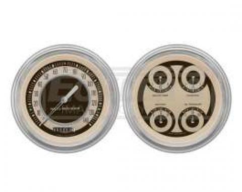 Early Chevy Classic Instruments Nostalgia VT Series Analog Gauge Kit, Five Inch, Tan Face With Chrome Pointers, 1951-1952