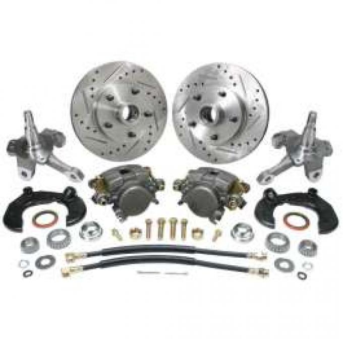 Chevy Power Front Disc Brake Kit, At The Wheel, With Ford Bolt Pattern, Drilled & Slotted Rotors, & 2 Dropped Spindles, For Mustang II, 1949-1954