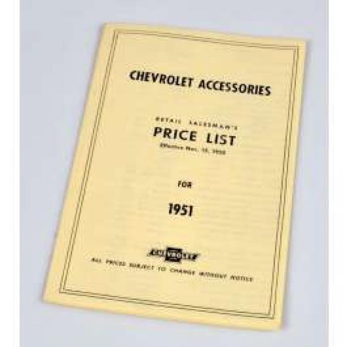 Chevy Price List Booklet, Accessory, New Car, 1951
