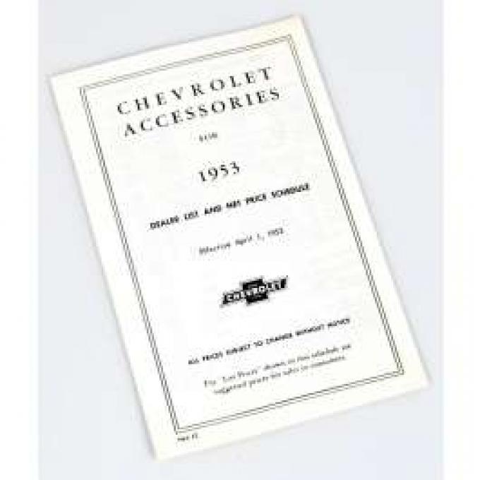 Chevy Price List Booklet, Accessory, New Car, 1953