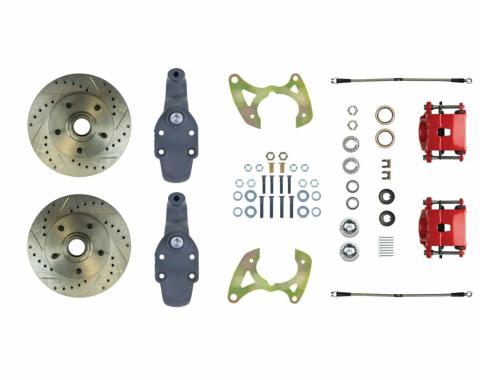 Right Stuff 2" Drop Front Disc Brake Wheel Kit with Show 'N Go Upgrade features Spindles, Drilled & Slotted Rotors, Red Powder Coated Calipers, Stainless Hoses, Caliper Brackets and more for 65-70 Chevy car. FSC65WKDZ