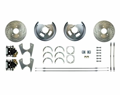 Right Stuff Rear Disc Brake Conversion Kit with Drilled & Slotted Rotors, Black Powder Coated Calipers, Stainless Hoses & more for 65-70 Chevy car. No E-Brake Cable Included. FSCRD65S