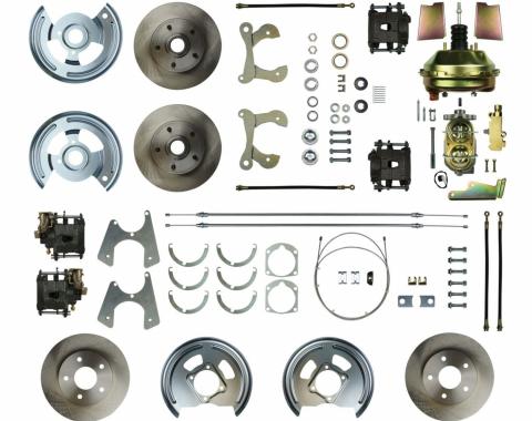 Right Stuff 4 Wheel Stock Height Power Disc Brake Conversion with a 9" Booster, Master Cylinder & Valve, Spindles, Standard Rotors, Natural Finish Calipers, Hoses and more for 59-64 Chevy car. FSC594DCC
