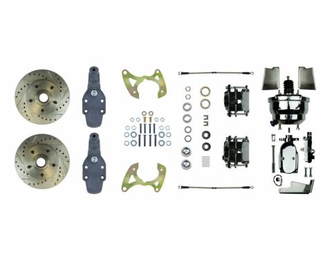 Right Stuff Power Front 2" Drop Disc Brake Conversion Kit with a Chrome 8" Dual Brake Booster and Master Cylinder & Valve, Drilled and Slotted rotors, Black Powder Coated Calipers and Stainless Hoses for 65-70 Chevy car. FSC65DCDSX