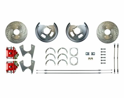 Right Stuff Rear Disc Brake Conversion Kit with Drilled & Slotted Rotors,Red Powder Coated Calipers, Stainless Hoses & more for 65-70 Chevy car. No E-Brake Cable Included. FSCRD65Z