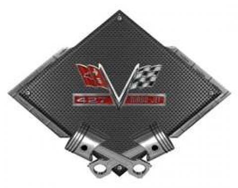 Chevrolet 427 Turbo Jet Metal Sign, Black Carbon Fiber, Crossed Pistons, 25 X 19