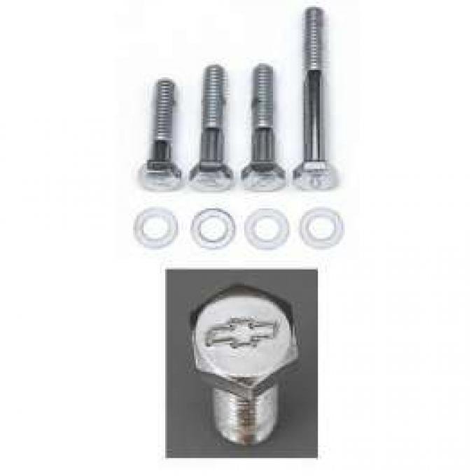 Full Size Chevy Bowtie Water Pump Bolt Set, Small Block With Short Water Pump, Chrome, 1958-1972