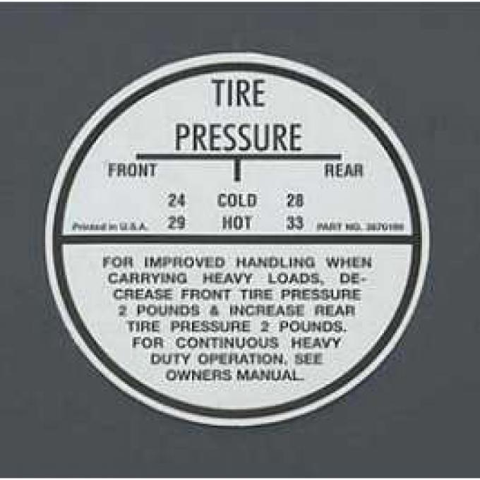 Full Size Chevy Tire Pressure Decal, 1964-1965