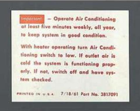 Full Size Chevy Air Conditioning Maintenance Instructions Decal, 1962