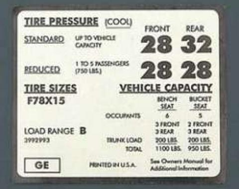 Full Size Chevy Tire Pressure Decal, F78 x 15, 1971-1972