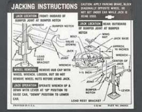 Full Size Chevy Jack Stowage & Jacking Instructions Sheet, Convertible, 1967