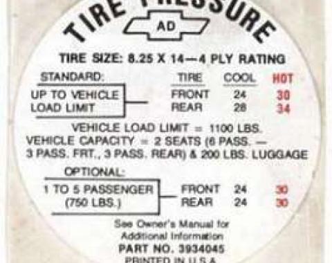 Full Size Chevy Tire Pressure Decal, 8.25 x 14 Convertible, 1968