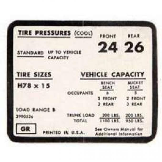 Full Size Chevy Tire Pressure Decal, H78 x 15, 1971-1972
