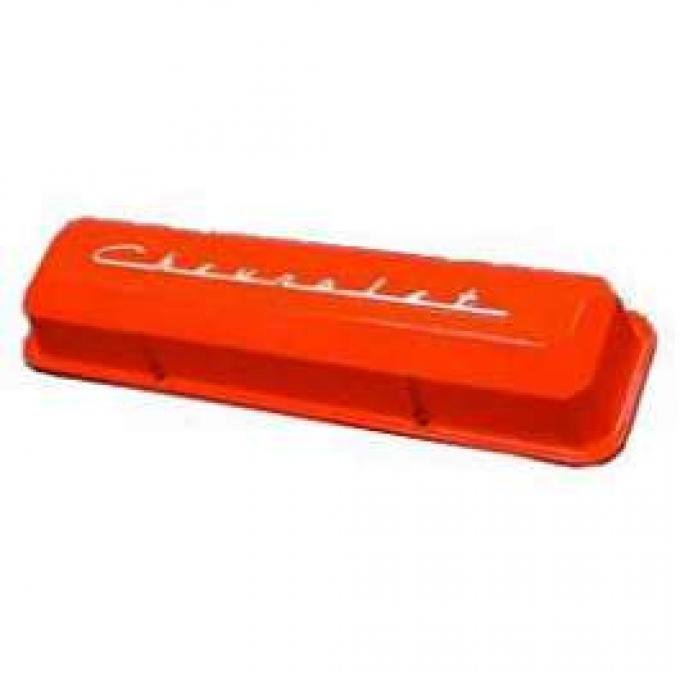 Full Size Chevy Valve Covers, Chevrolet Script, Small Block, Orange Powder Coated Aluminum, 1958-1972