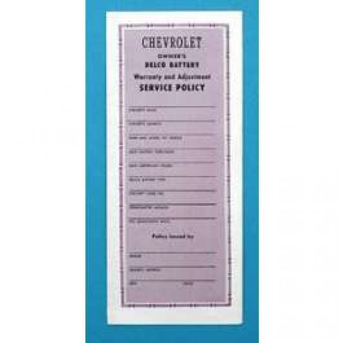 Full Size Chevy Battery Warranty Certificate, Delco, 1958-1965