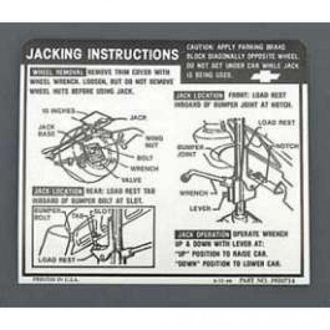 Full Size Chevy Jack Stowage & Jacking Instructions Sheet, Hardtop & Sedan, 1968