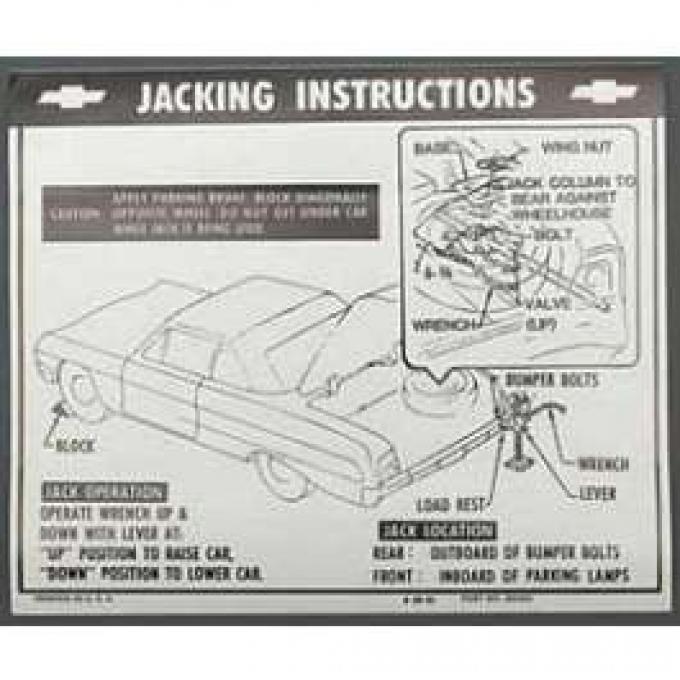 Full Size Chevy Jack Stowage & Jacking Instructions Sheet, Convertible, 1964