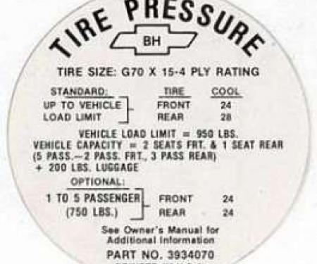 Full Size Chevy Tire Pressure Decal, G70 x 15, 427ci SS, 1968