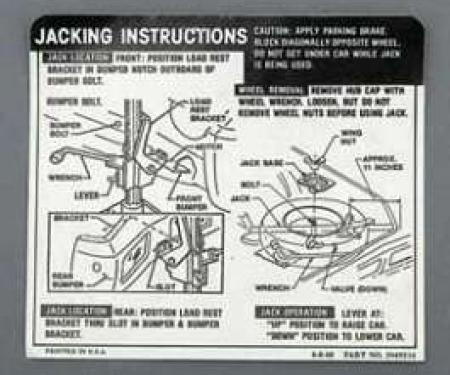 Full Size Chevy Jack Stowage & Jacking Instructions Sheet, Convertible, 1969