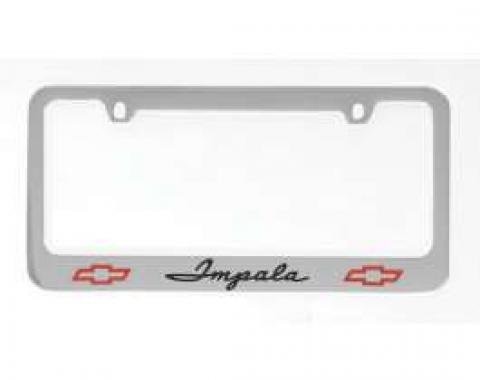 Full Size Chevy License Plate Frame, Chrome, With Engraved Impala Script & Bowtie Logo, 1961-1962