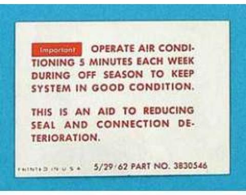 Full Size Chevy Conditioning Maintenance Instructions Decal, 1963