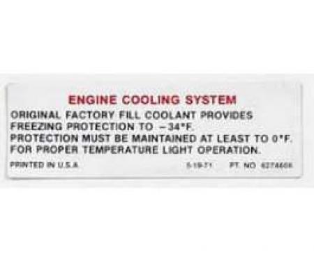 Full Size Chevy Engine Cooling System Warning Decal, 1971-1972