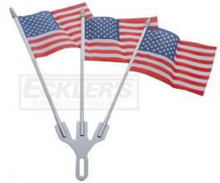 Full Size Chevy Chrome Flag Holder, With Three American Flags, 1958-1984